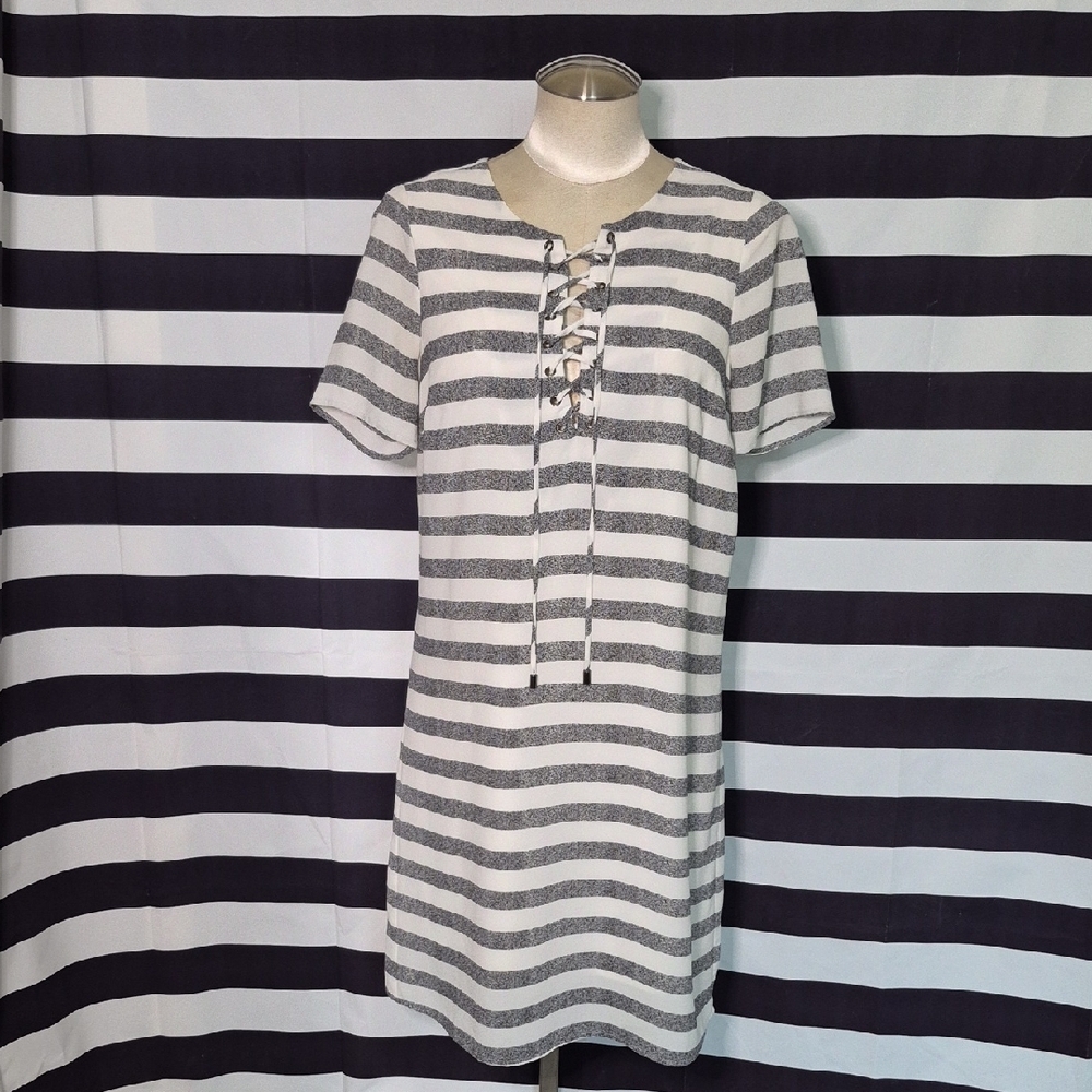 Striped Gray Lace-Up Dress